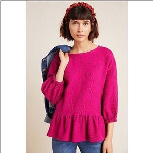 Anthropologie Maeve Mikayla Pink Peplum Balloon Sleeve Top Blouse Drapey